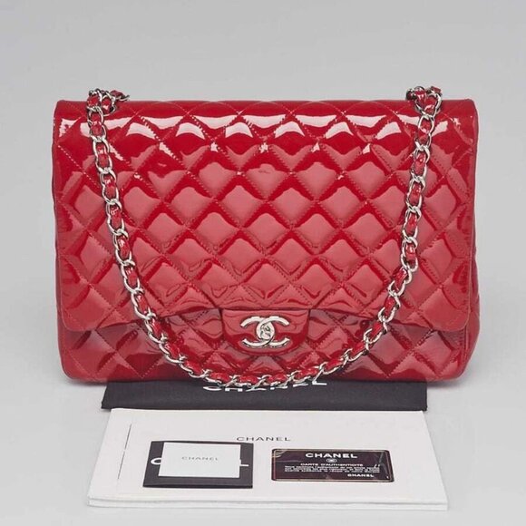 Chanel Red Quilted Patent Leather Classic Maxi Single Flap Bag - Picture 1 of 11